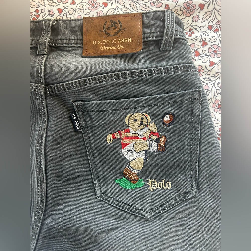 U.S. Polo jeans, with embroidered bear, size 30, dark grey wash jean